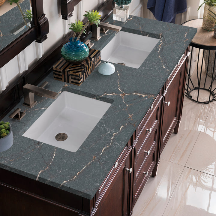 Brittany 60" Double Vanity, Burnished Mahogany w/ 3 CM Parisien Bleu Silestone Top w/FreePower Wireless Charger