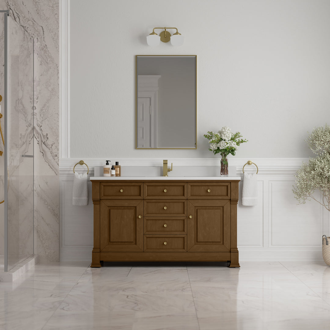 Brookfield 60" Single Vanity, Honey Oak w/ Single Hole 3 CM White Zeus Silestone® Top & Backsplash