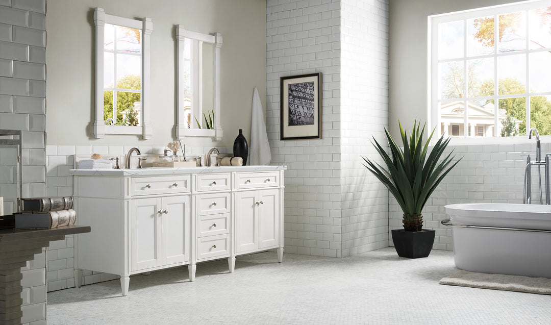 Brittany 72" Double Vanity, Bright White Vanity w/ 3 CM Ethereal Noctis Silestone Top