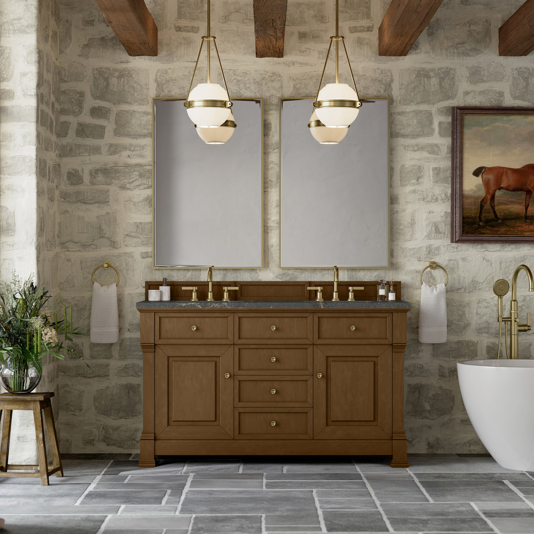 Brookfield 60" Double Vanity, Honey Oak w/ 3 CM Parisien Bleu Silestone® Top