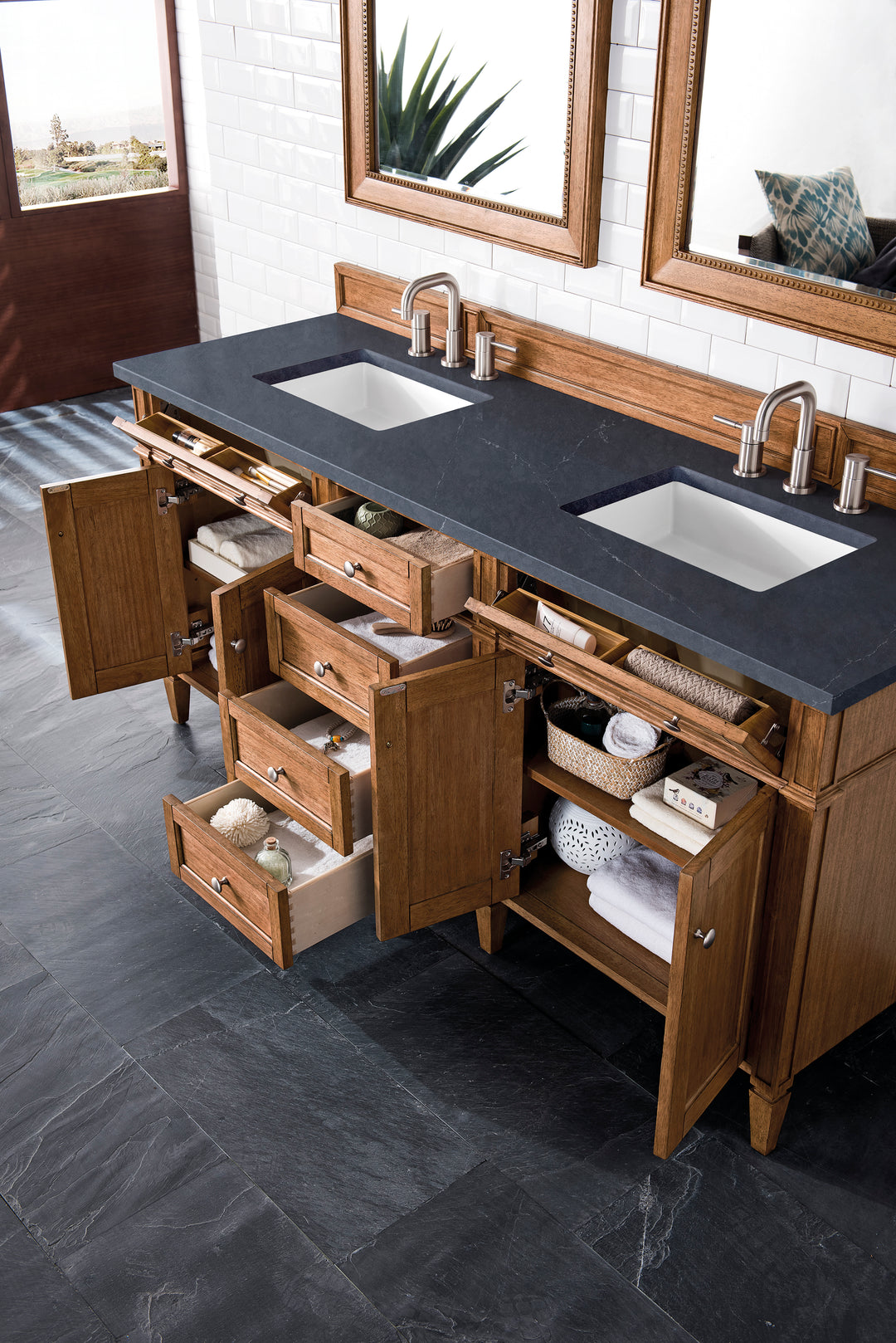 Brittany 72" Double Vanity, Saddle Brown w/ 3 CM Charcoal Soapstone Silestone Top
