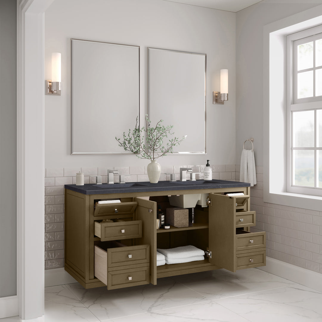 Chicago 60" Double Vanity, Walnut Whisper, w/ 3 CM Charcoal Soapstone Silestone® Top