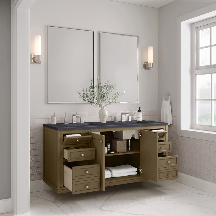 Chicago 60" Double Vanity, Walnut Whisper, w/ 3 CM Charcoal Soapstone Silestone® Top