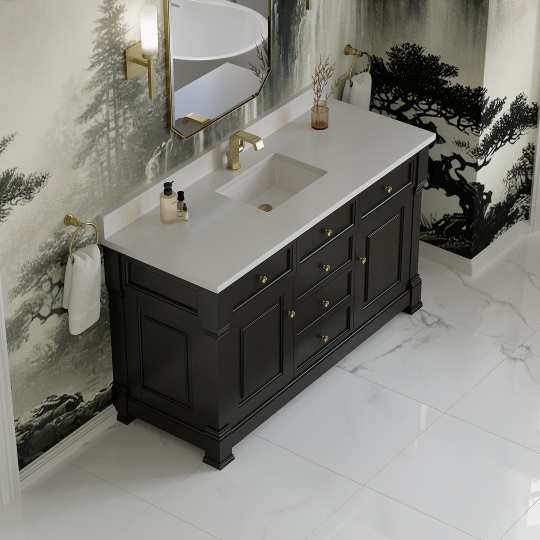 Brookfield 60" Single Vanity, Black Onyx w/ Single Hole 3 CM White Zeus Silestone® Top & Backsplash