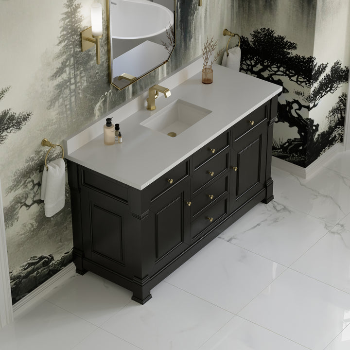 Brookfield 60" Single Vanity, Black Onyx w/ Single Hole 3 CM White Zeus Silestone® Top & Backsplash