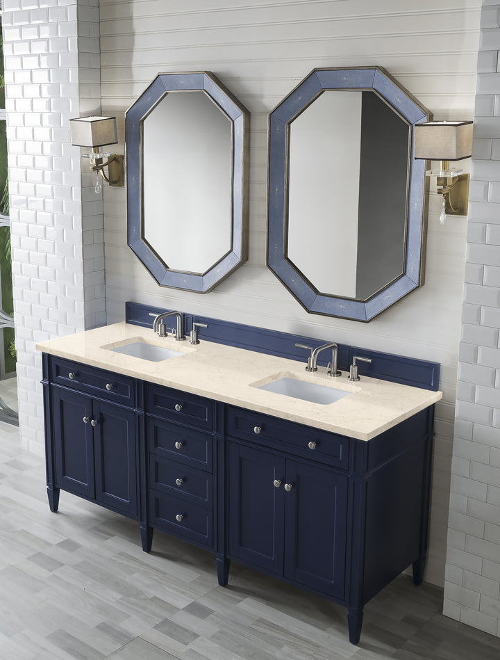 Brittany 72" Double Vanity, Victory Blue w/ 3 CM Eternal Marfil Silestone Top