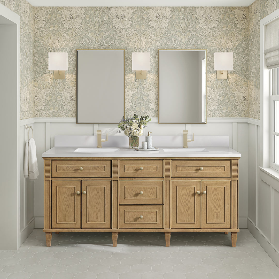 Lorelai 72" Double Vanity, Light Natural Oak w/ Single Hole 3 CM White Zeus Silestone Top & Backsplash