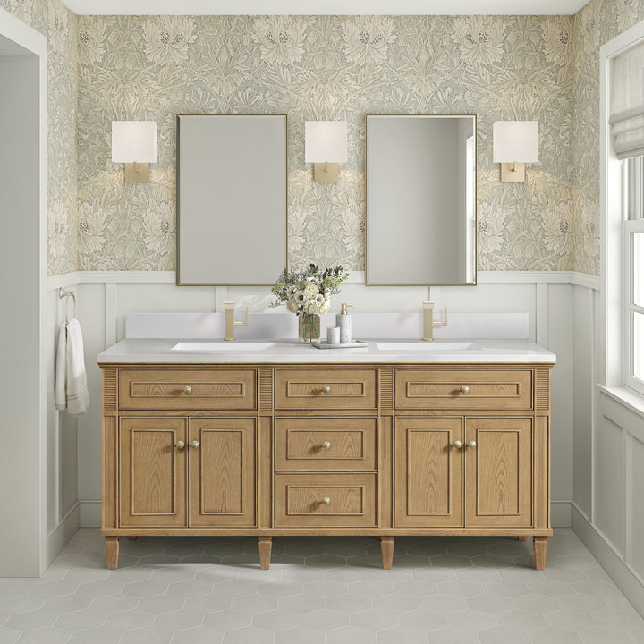 Lorelai 72" Double Vanity, Light Natural Oak w/ Single Hole 3 CM White Zeus Silestone Top & Backsplash
