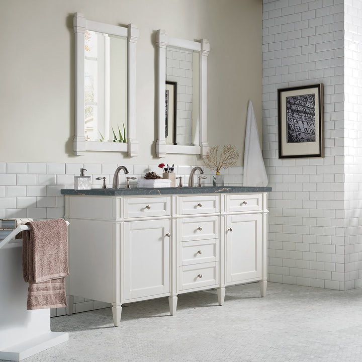 Brittany 60" Double Vanity, Bright White Vanity w/ 3 CM Parisien Bleu Silestone Top