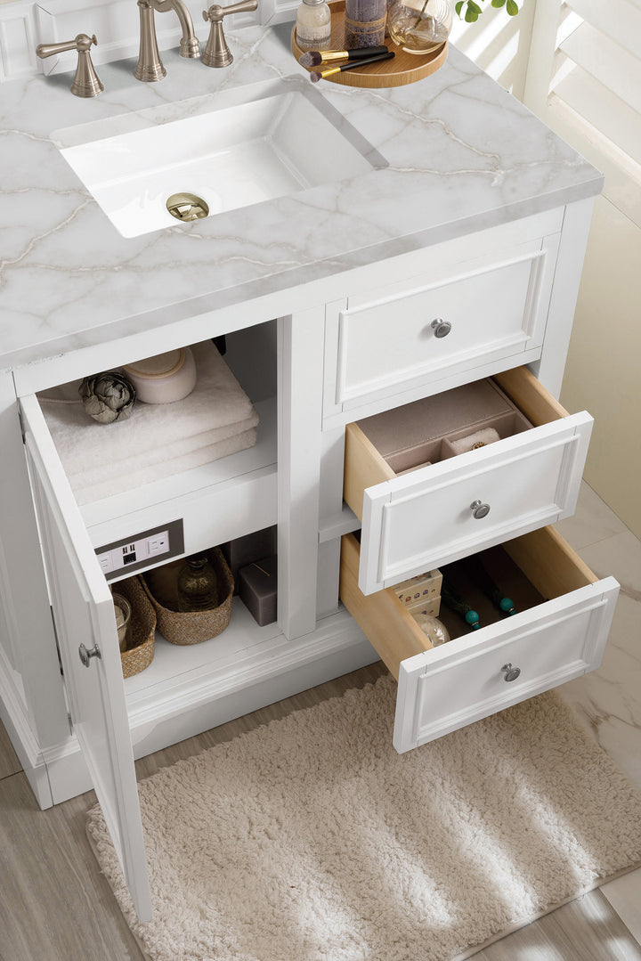 De Soto 36" Single Vanity, Bright White w/ 3 CM Victorian Silver Silestone Top