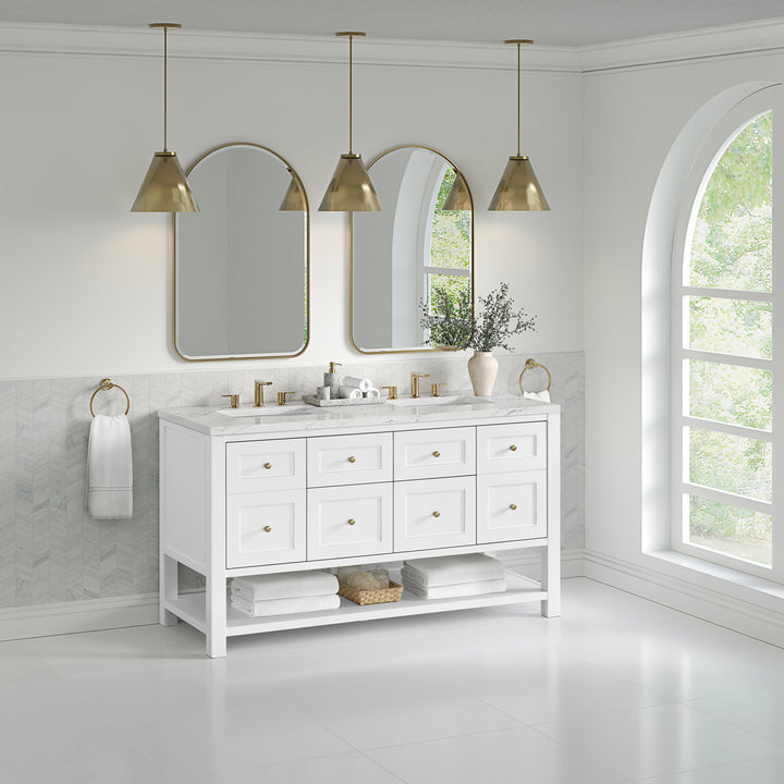 Breckenridge 60" Double Vanity, Bright White, w/ 3 CM Ethereal Noctis Quartz Top w/FreePower Wireless Charger