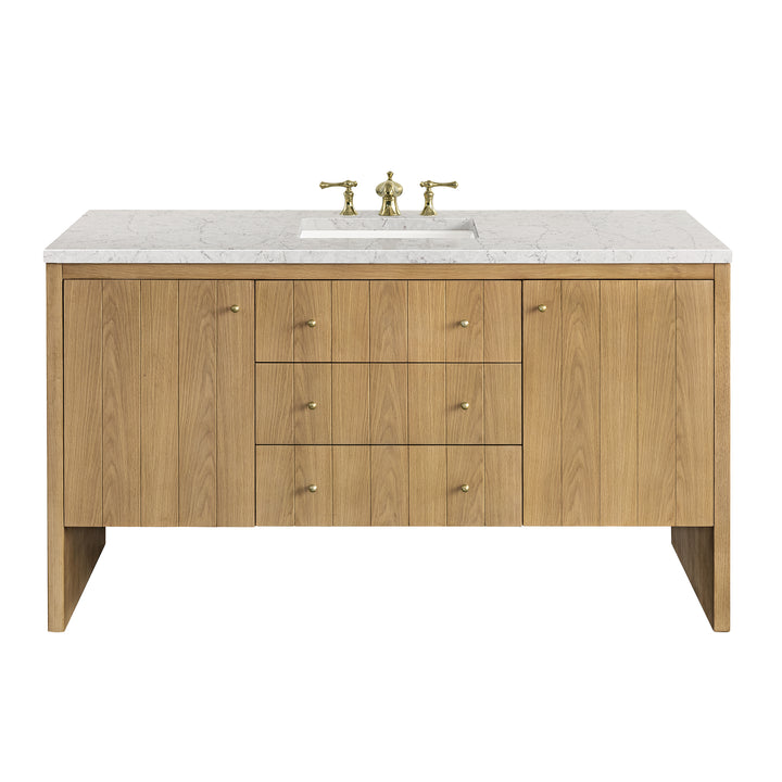Hudson 60" Single Vanity, Light Natural Oak w/ 3 CM Eternal Jasmine Pearl Top w/ FreePower Wireless Charger