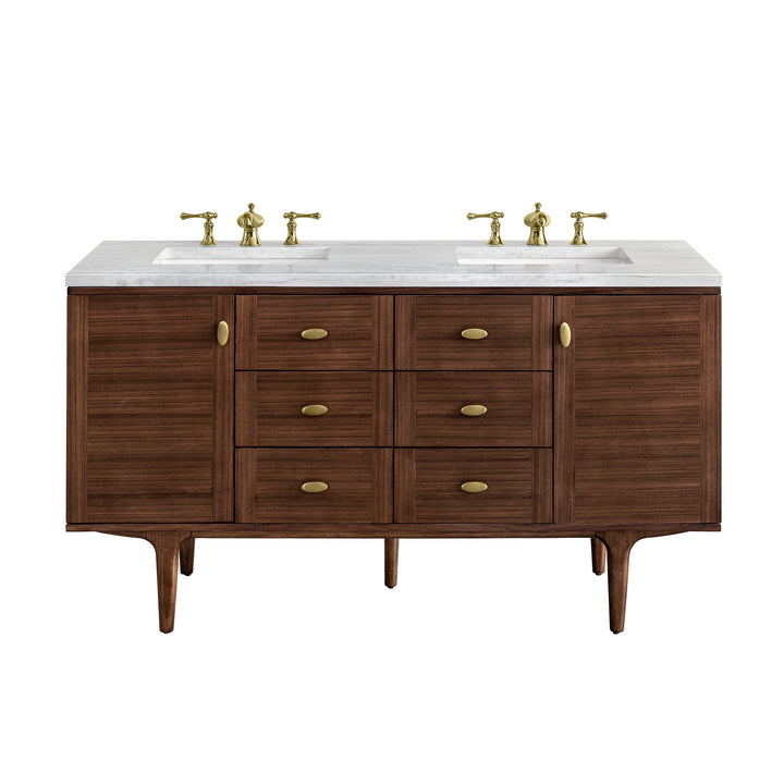 Amberly 60" Double Vanity, Mid-Century Walnut w/ 3 CM Arctic Fall Top