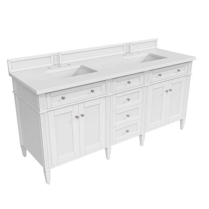 Brittany 72" Double Vanity, Bright White Vanity w/ 3 CM White Zeus Silestone Top