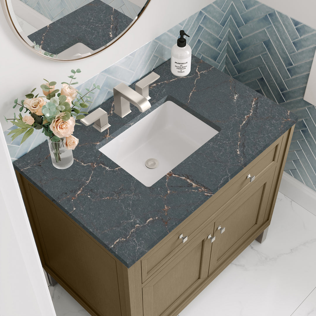 Chicago 36" Single Vanity, Walnut Whisper, w/ 3 CM Parisien Bleu Silestone® Top
