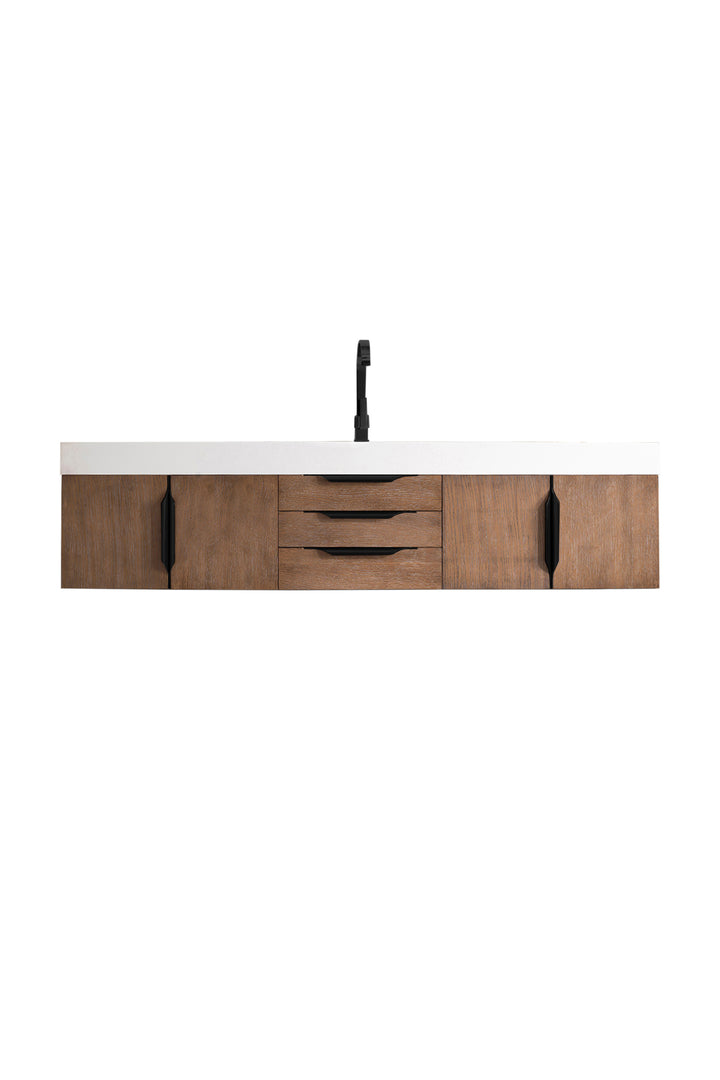 Columbia 72" Single Wall Mount Vanity, Latte Oak, Matte Black w/ Glossy White Composite Stone Top