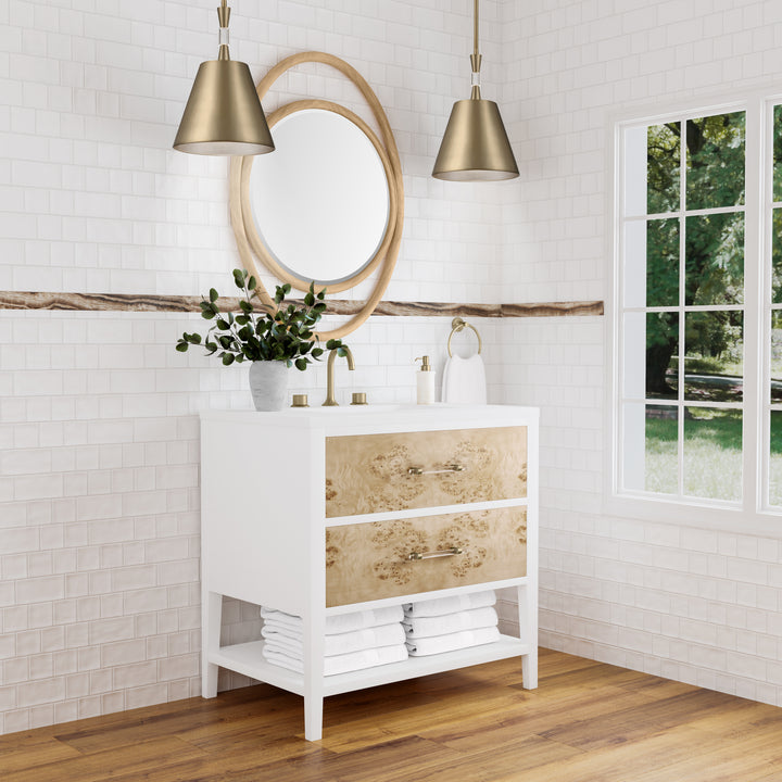 Olena 36" Single Vanity, Light Mappa Burl and Polished White w/ 3 CM White Zeus Silestone Top