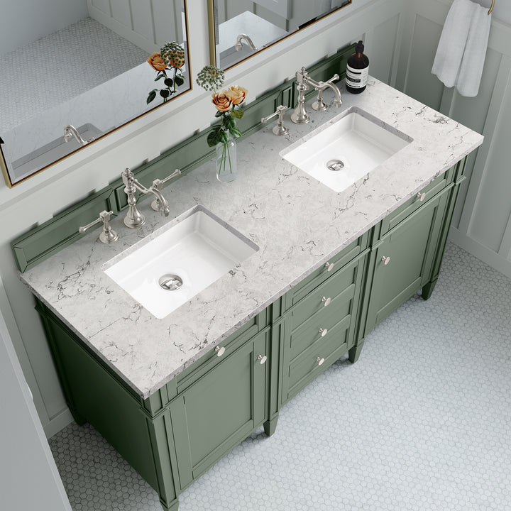 Brittany 60" Double Vanity, Smokey Celadon w/ 3 CM Eternal Jasmine Pearl Top w/FreePower Wireless Charger