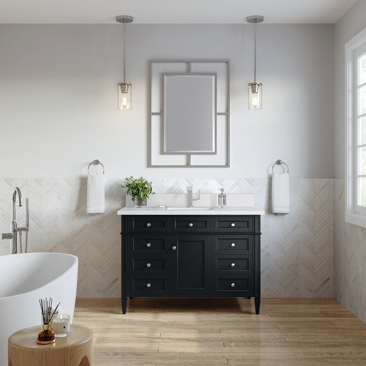 Brittany 48" Single Vanity, Black Onyx w/ Single Hole 3 CM White Zeus Silestone Top & Backsplash