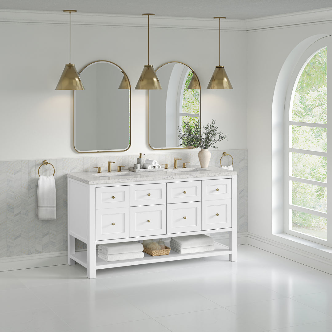Breckenridge 60" Double Vanity, Bright White, w/ 3 CM Eternal Jasmine Pearl Quartz Top w/FreePower Wireless Charger