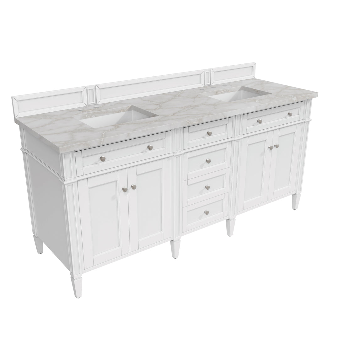 Brittany 72" Double Vanity, Bright White Vanity w/ 3 CM Victorian Silver Silestone Top