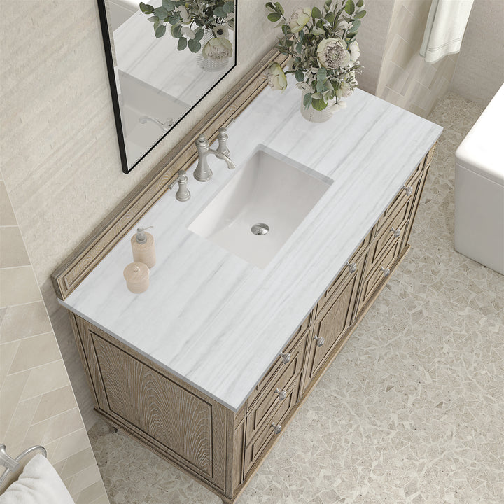 Lorelai 48" Single Vanity, Whitewashed Oak w/ 3 CM Arctic Fall Solid Surface Top