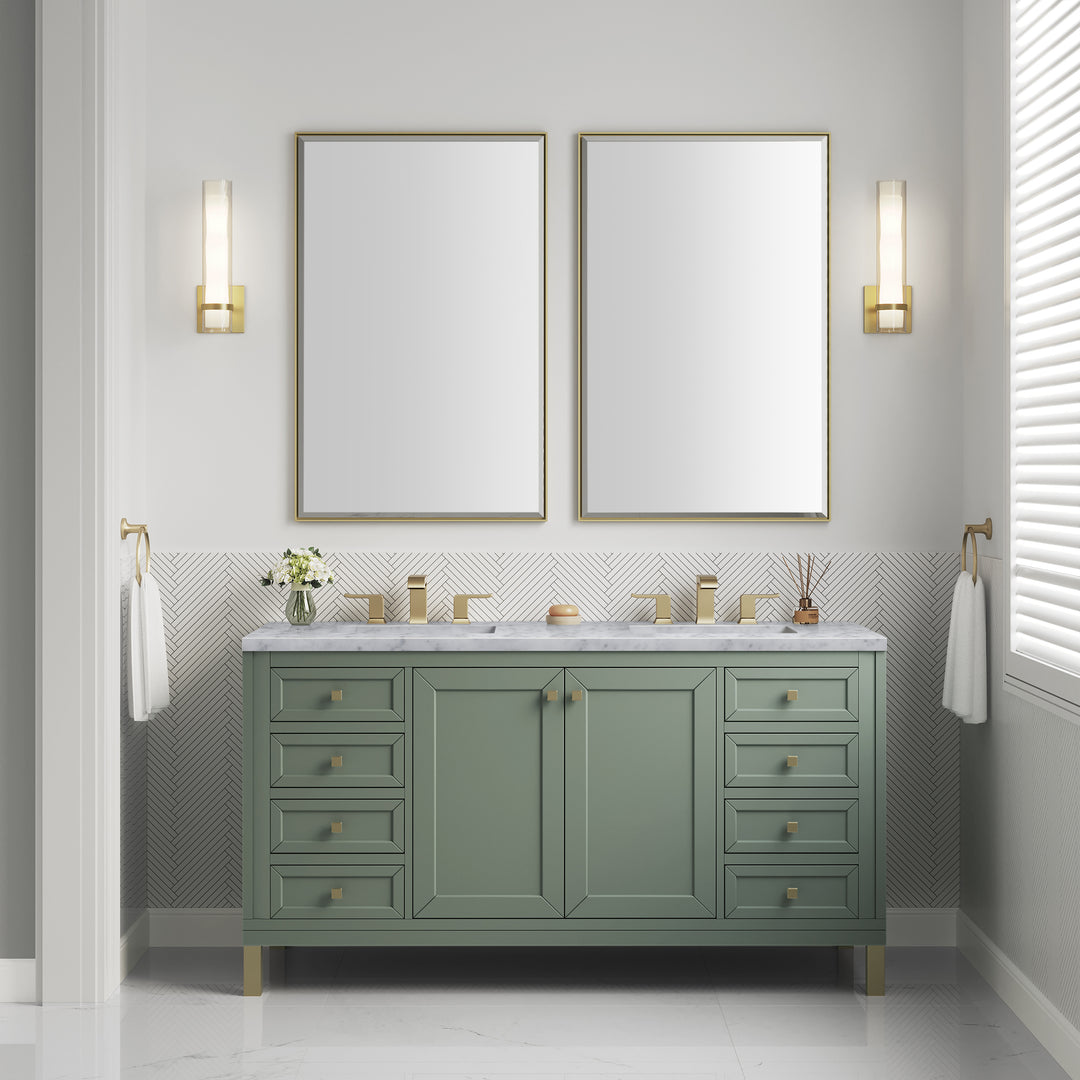Chicago 60" Double Vanity, Smokey Celadon, w/ 3 CM Carrara Marble Top