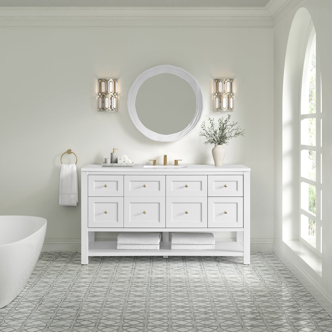 Breckenridge 60" Single Vanity, Bright White, w/ 3 CM White Zeus Quartz Top