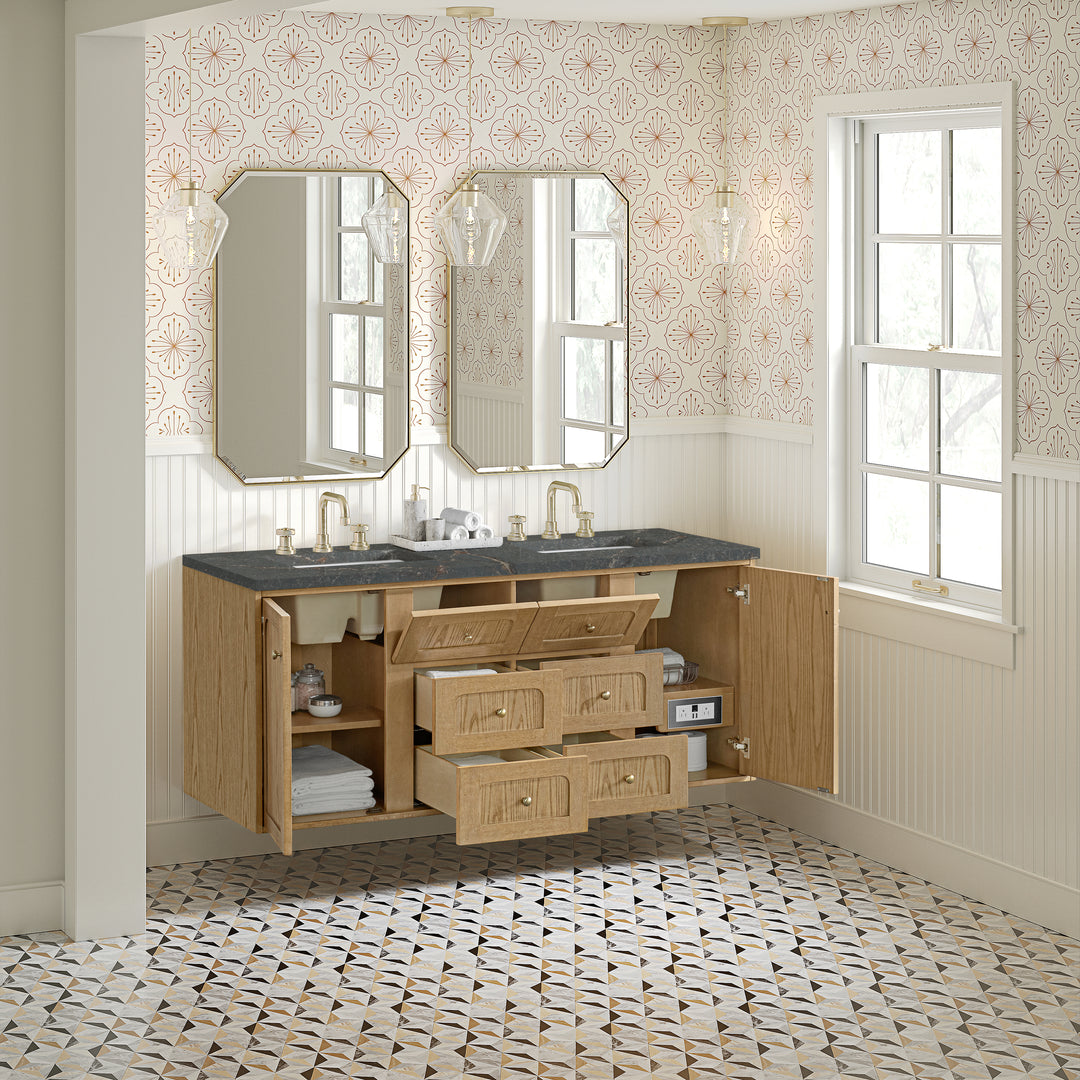 Laurent 60" Double Vanity, Light Natural Oak, w/ 3 CM Parisien Bleu Quartz Top w/FreePower Wireless Charger