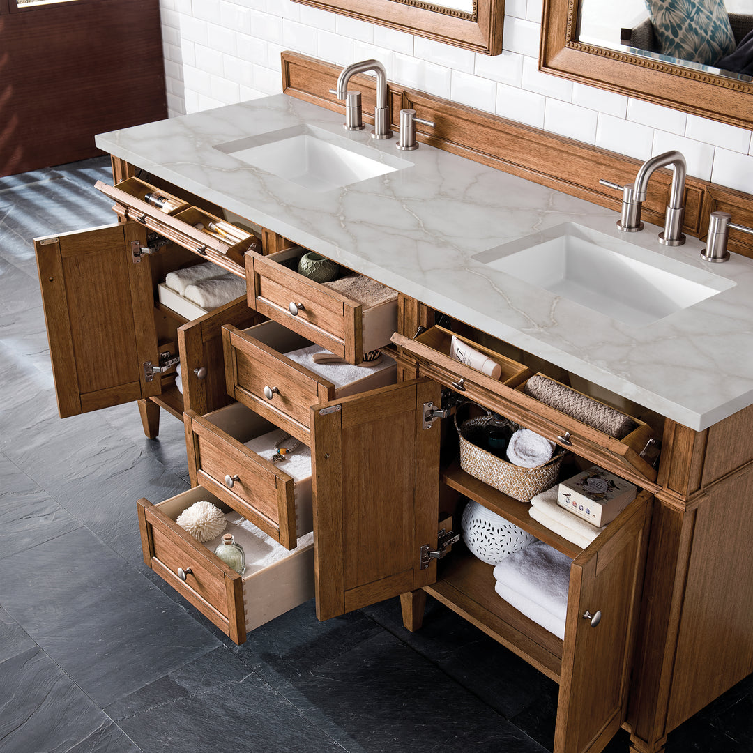 Brittany 72" Double Vanity, Saddle Brown w/ 3 CM Victorian Silver Silestone Top w/FreePower Wireless Charger