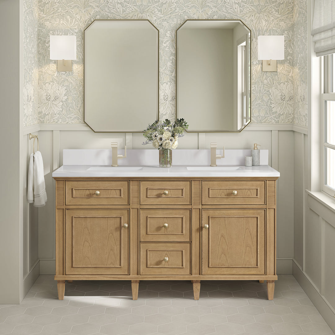 Lorelai 60" Double Vanity, Light Natural Oak w/ Single Hole 3 CM White Zeus Silestone Top & Backsplash