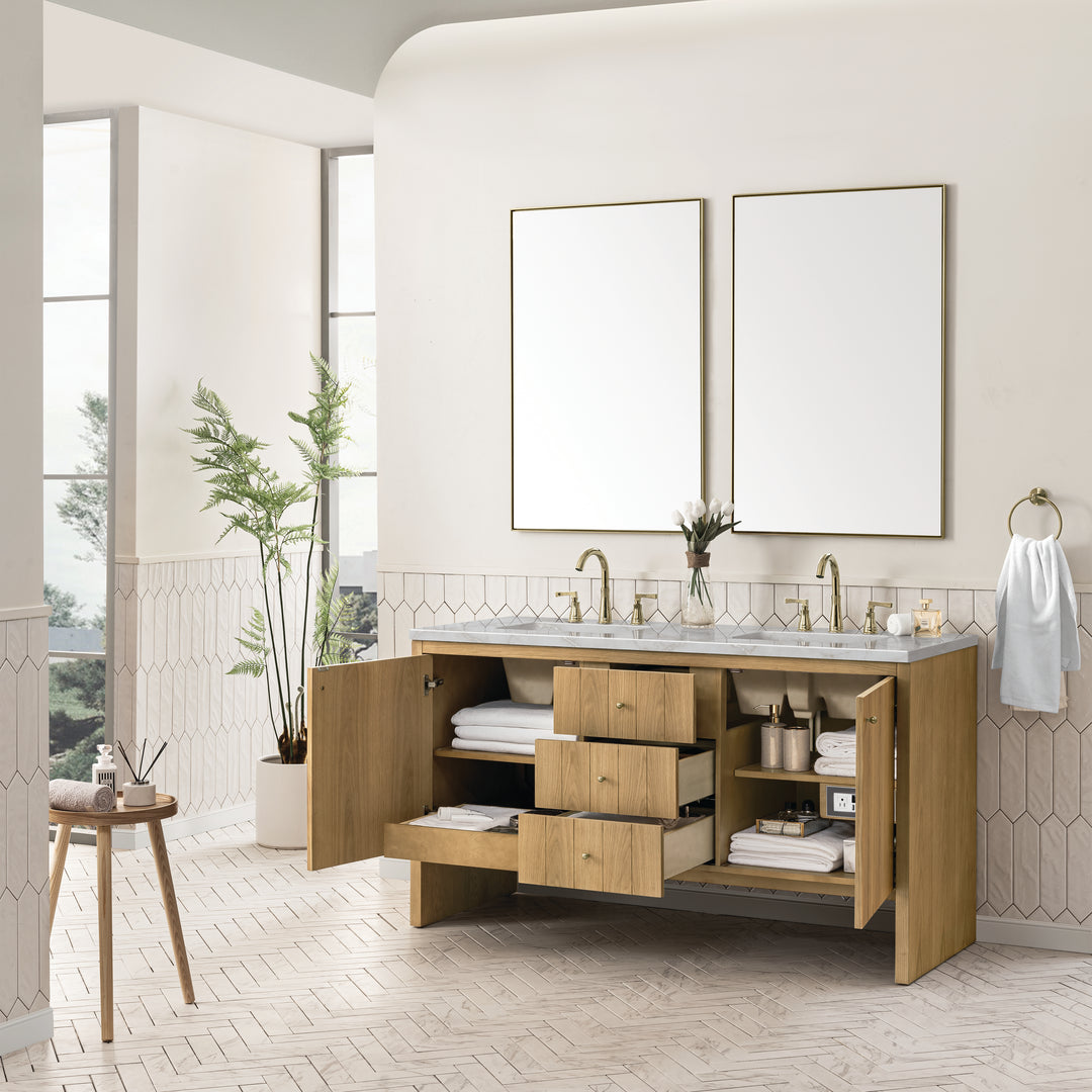 Hudson 60" Double Vanity, Light Natural Oak w/ 3 CM Victorian Silver Top w/FreePower Wireless Charger
