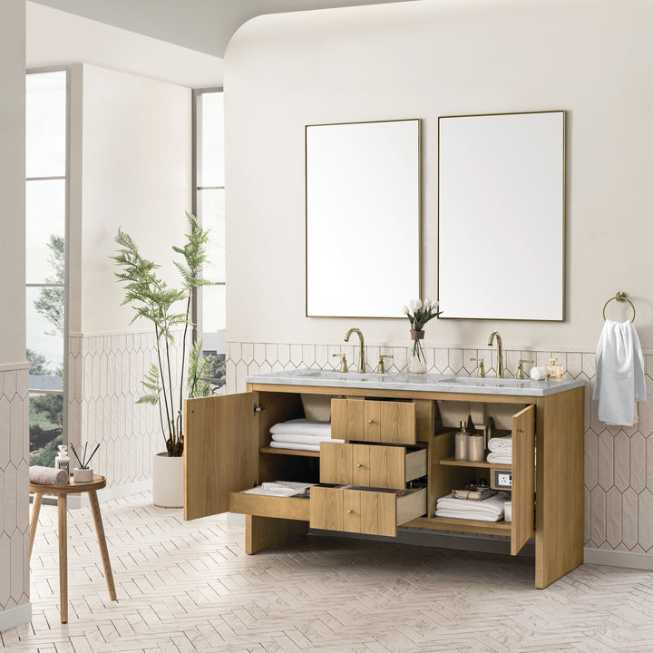 Hudson 60" Double Vanity, Light Natural Oak w/ 3 CM Victorian Silver Top w/FreePower Wireless Charger