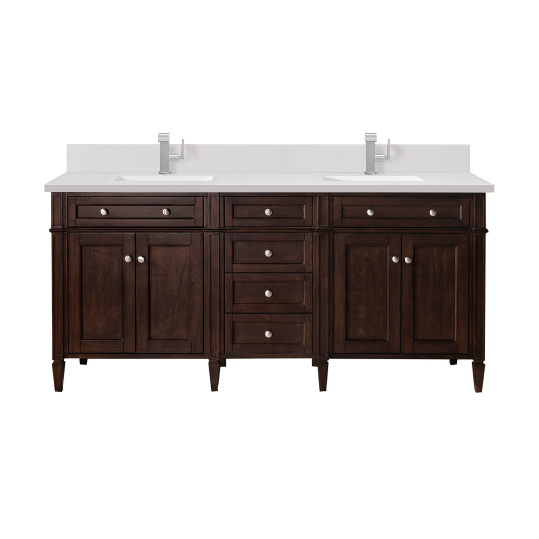Brittany 72" Double Vanity, Burnished Mahogany w/ Single Hole 3 CM White Zeus Silestone Top & Backsplash