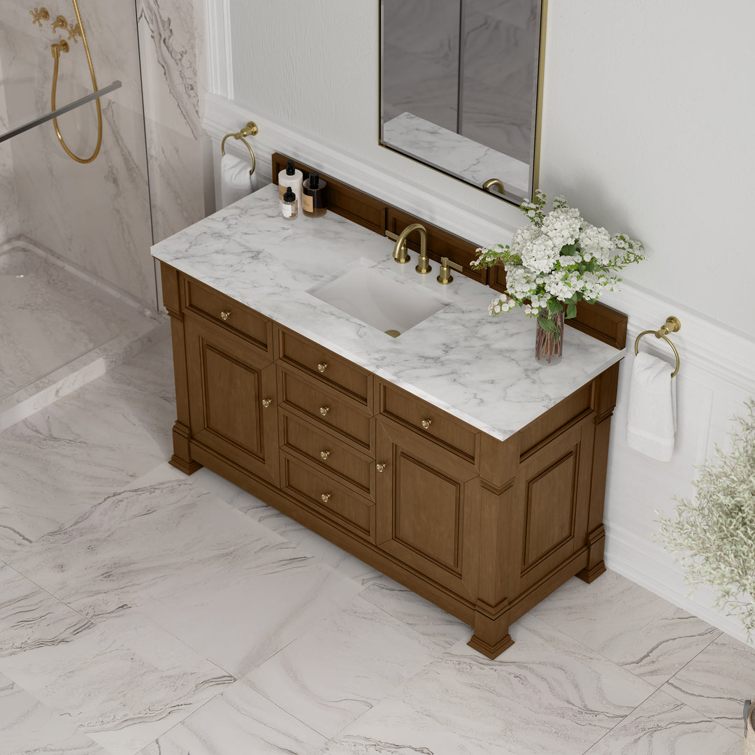 Brookfield 60" Single Vanity, Honey Oak w/3 CM Carrara White Marble Top