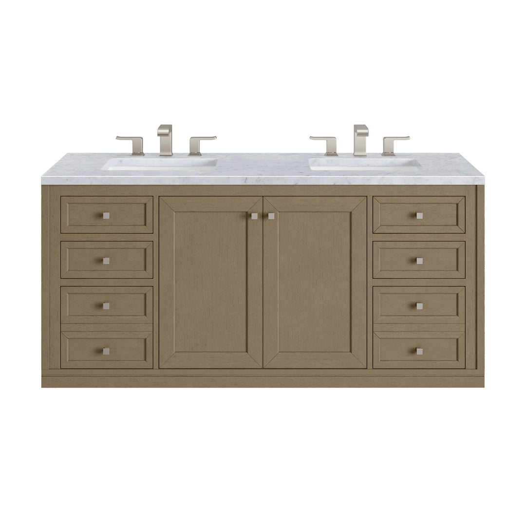 Chicago 60" Double Vanity, Walnut Whisper, w/ 3 CM Carrara Marble Top