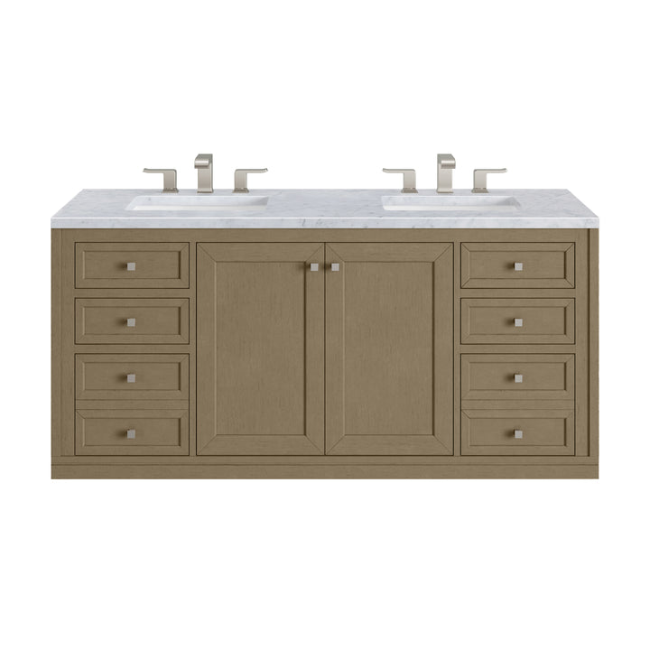 Chicago 60" Double Vanity, Walnut Whisper, w/ 3 CM Carrara Marble Top