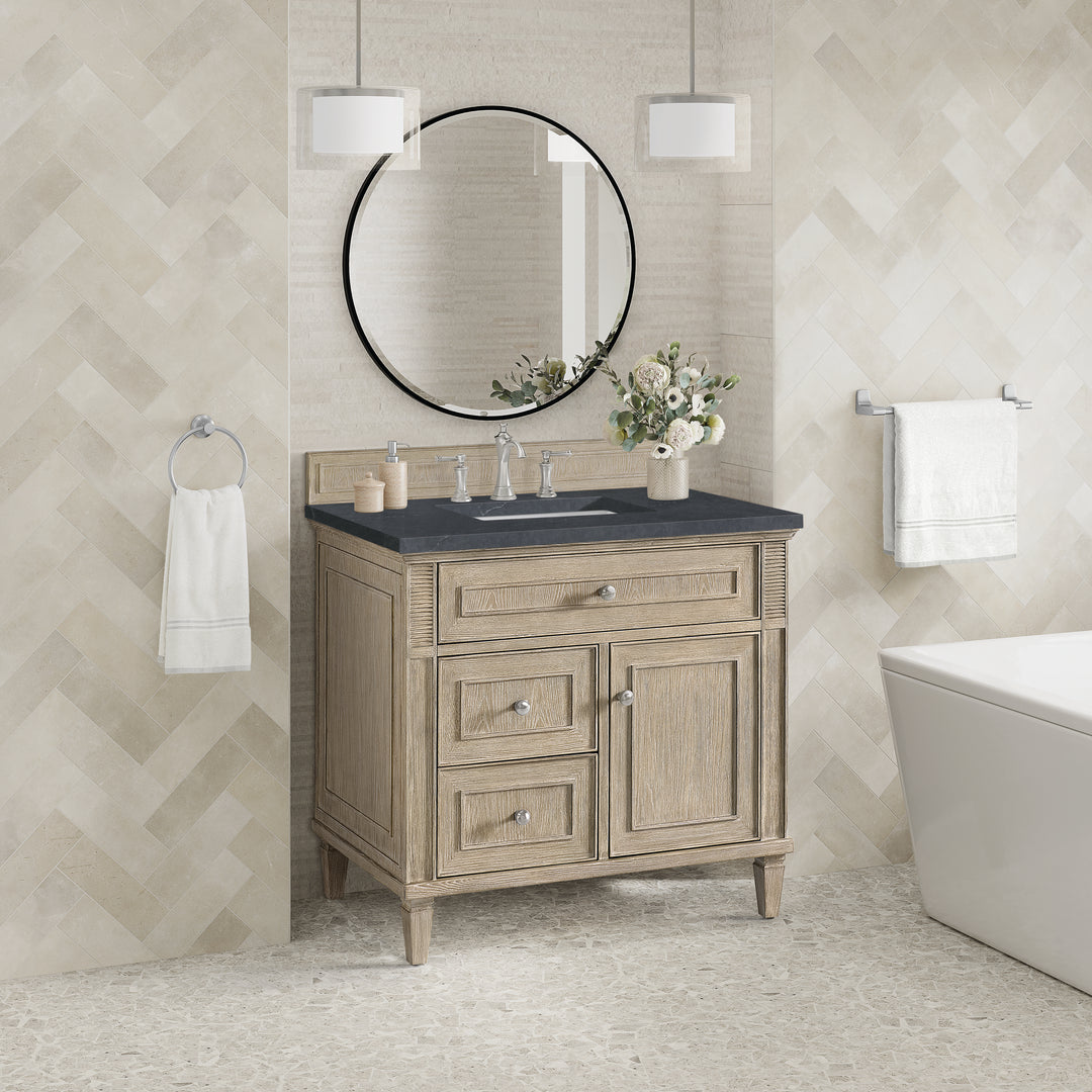 Lorelai 36" Single Vanity, Whitewashed Oak w/ 3 CM Charcoal Soapstone Silestone Top