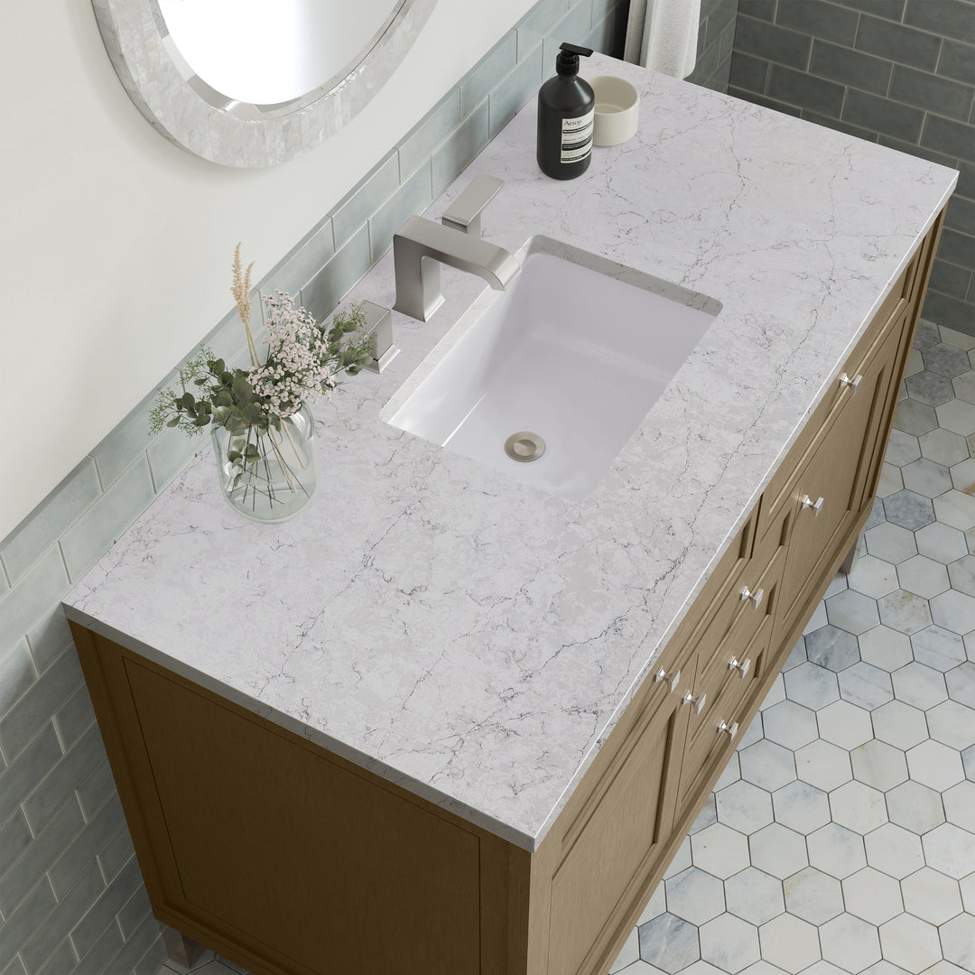 Chicago 48" Single Vanity, Walnut Whisper, w/ 3 CM Eternal Jasmine Pearl Silestone® Top w/FreePower Wireless Charger