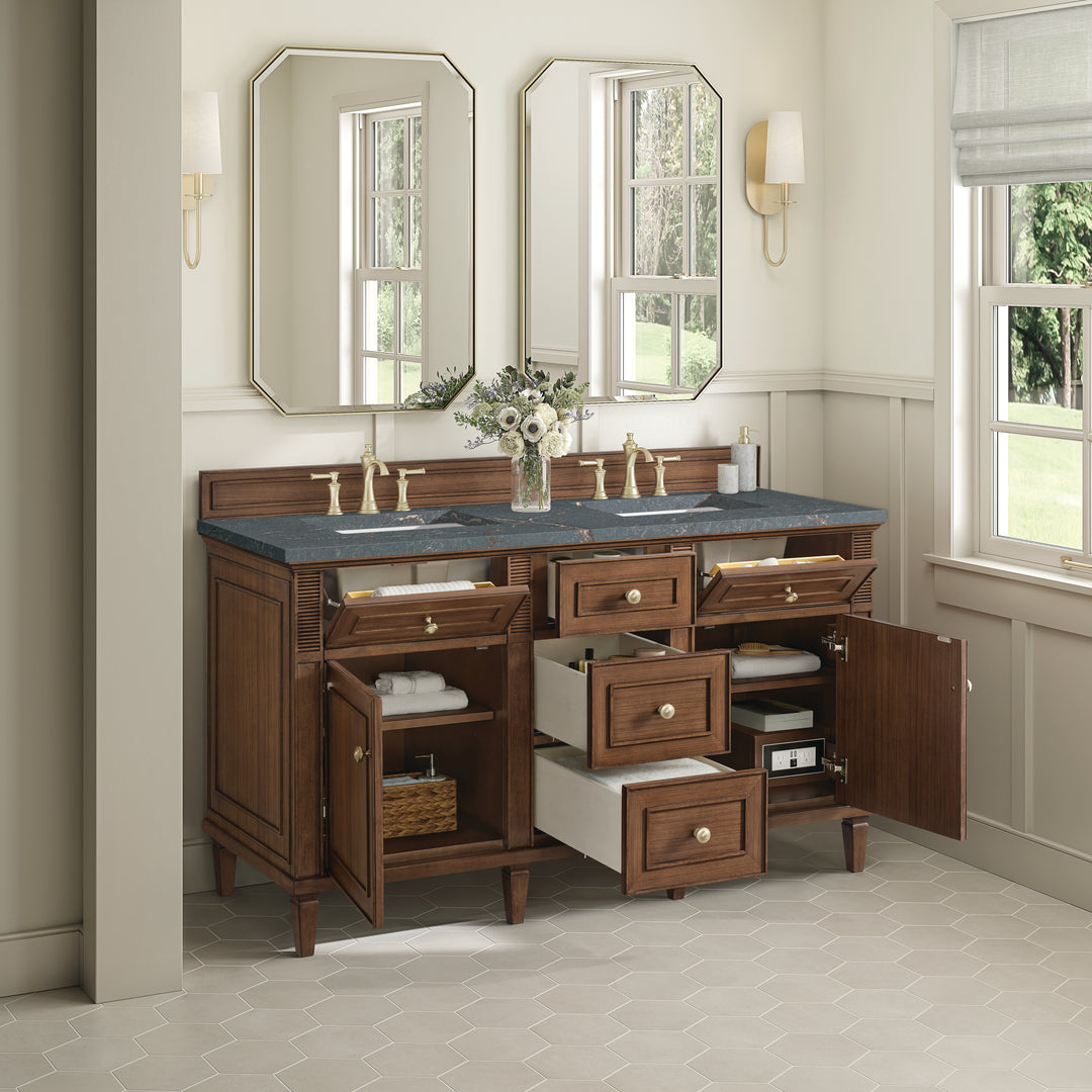 Lorelai 60" Double Vanity, Mid-Century Walnut w/ 3 CM Parisien Bleu Silestone Top