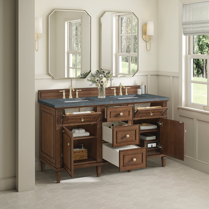 Lorelai 60" Double Vanity, Mid-Century Walnut w/ 3 CM Parisien Bleu Silestone Top