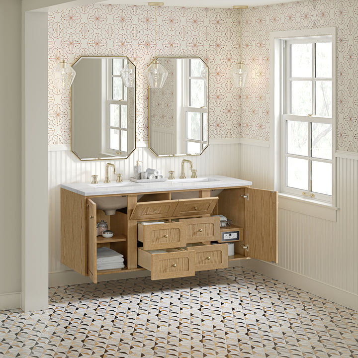 Laurent 60" Double Vanity, Light Natural Oak, w/ 3 CM Arctic Fall Solid Surface Top