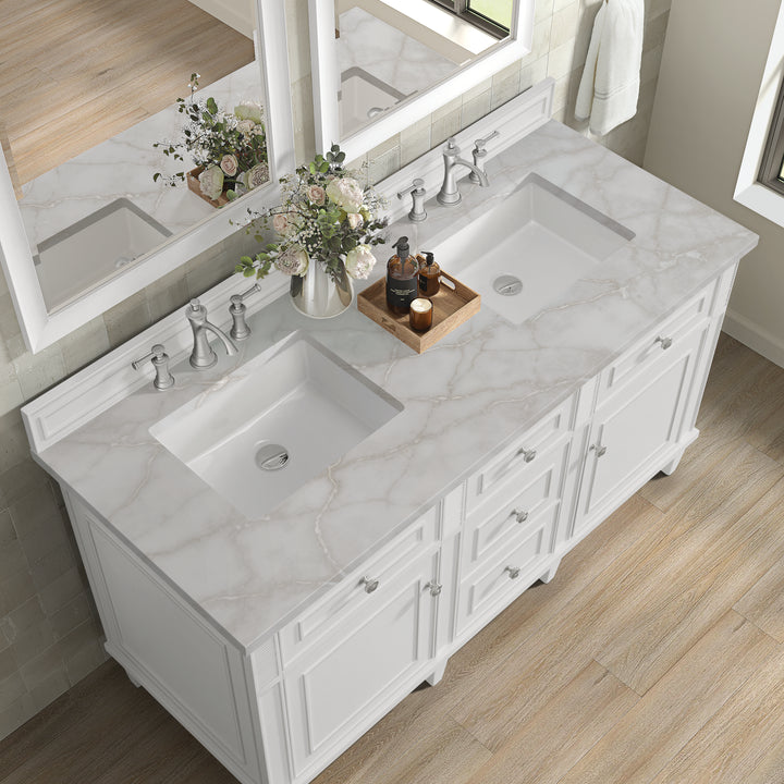 Lorelai 60" Double Vanity, Bright White w/ 3 CM Victorian Silver Silestone Top w/FreePower Wireless Charger