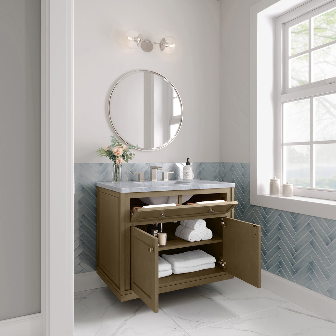 Chicago 36" Single Vanity, Walnut Whisper, w/ 3 CM Carrara Marble Top