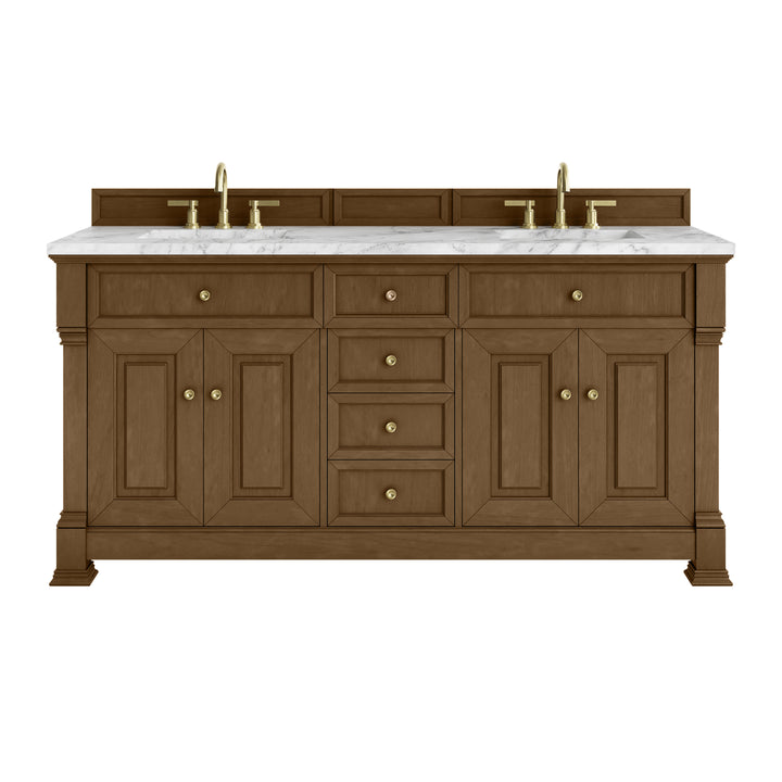 Brookfield 72" Double Vanity, Honey Oak w/3 CM Carrara White Marble Top