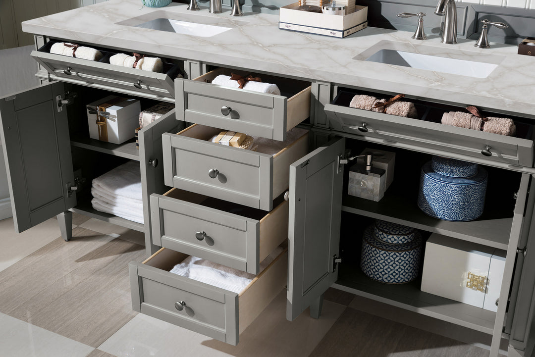 Brittany 72" Double Vanity, Urban Gray w/ 3 CM Victorian Silver Silestone Top