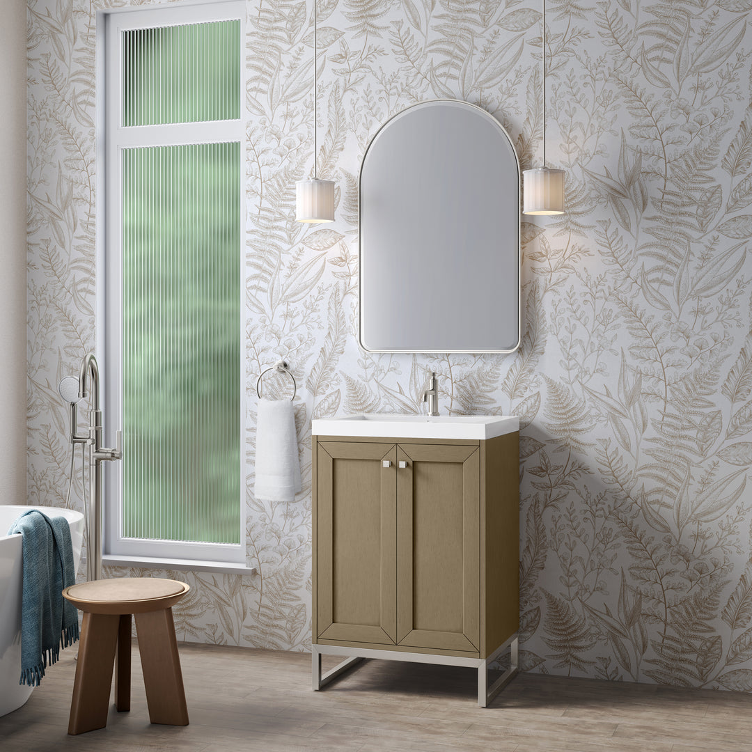 Chianti 24" Single Vanity, Walnut Whisper, Brushed Nickel, w/ White Glossy Composite Stone Top