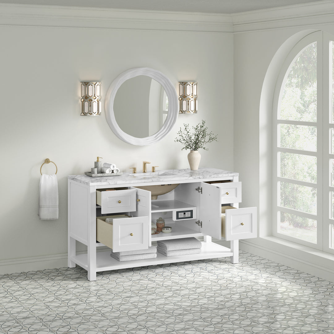 Breckenridge 60" Single Vanity, Bright White, w/ 3 CM Carrara Marble Top
