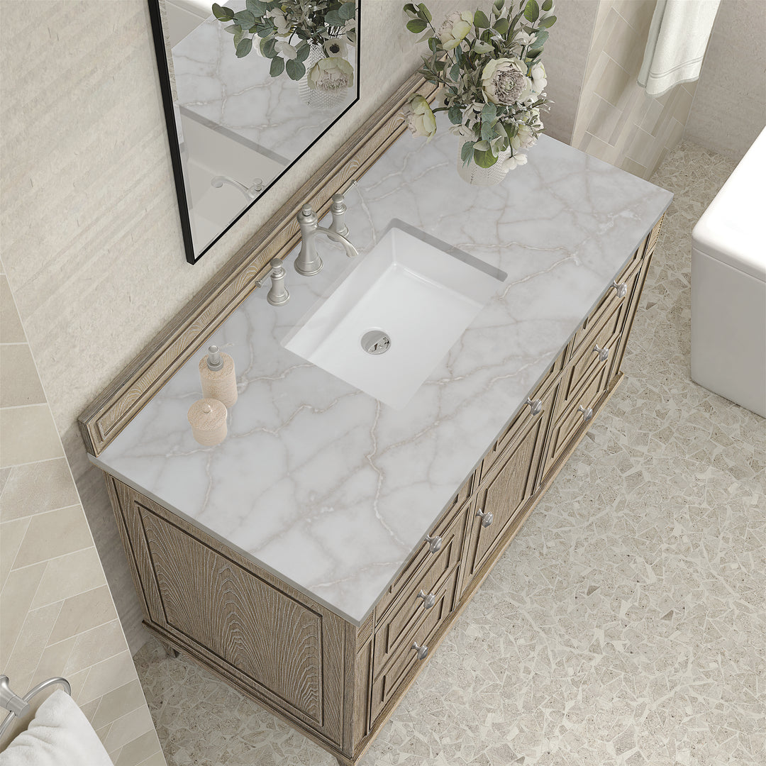 Lorelai 48" Single Vanity, Whitewashed Oak w/ 3 CM Victorian Silver Silestone Top