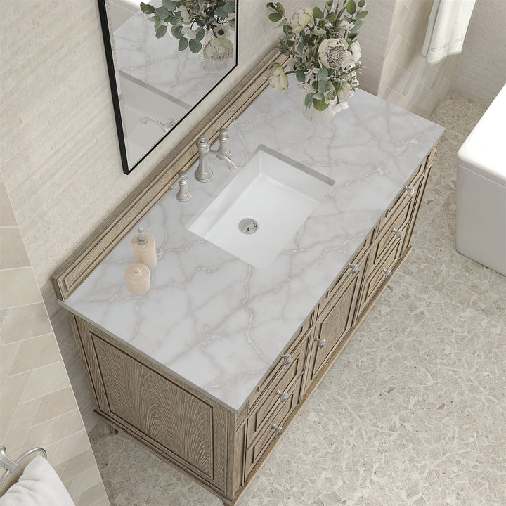 Lorelai 48" Single Vanity, Whitewashed Oak w/ 3 CM Victorian Silver Silestone Top w/FreePower Wireless Charger